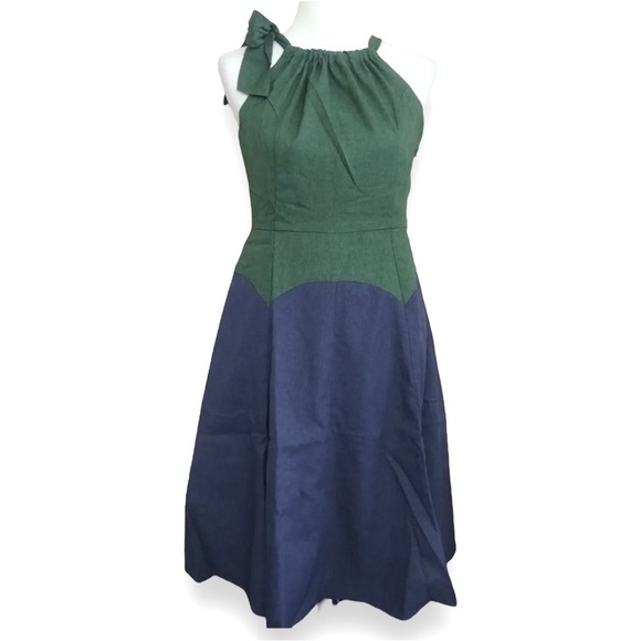 ModCloth Harlyn Retro Colorblock Blue Green  Tie Neck Dress Size Medium NWT - Picture 1 of 6